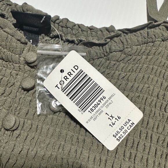 Torrid Olive Cold Shoulder Babydoll Top Size 1X 14 16 Long Sleeve Crinkle NWT - Picture 2 of 7
